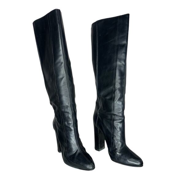Alexander Wang Knee High Black Leather Boots Point Toe Stacked Heel Size 9 - Picture 2 of 11